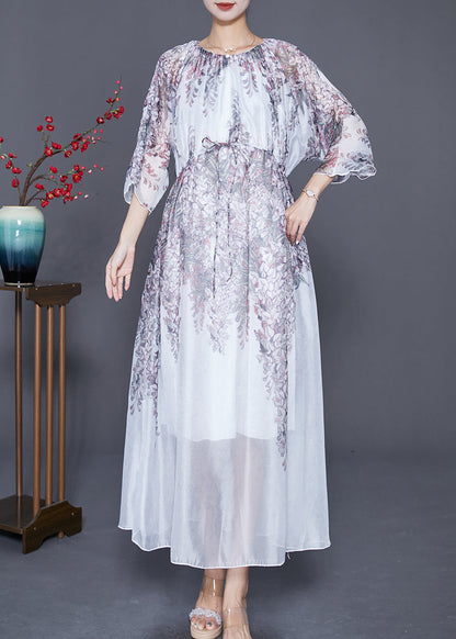 White Cinched Print Silk Long Dress Summer