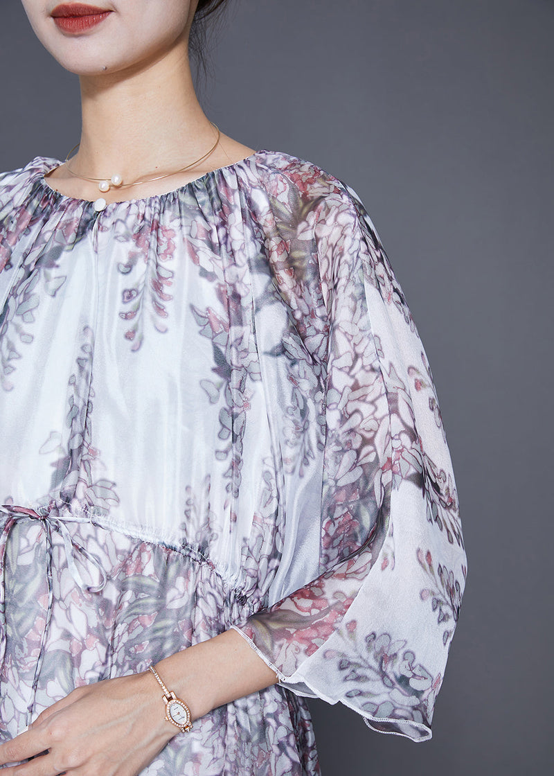 White Cinched Print Silk Long Dress Summer