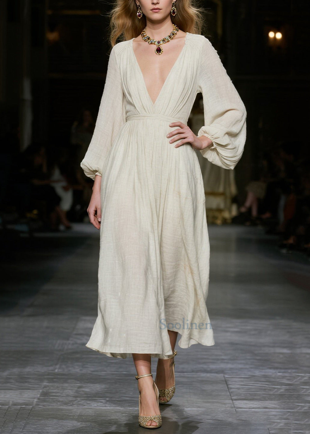 White Deep-v Neck Cotton Dress Lantern Sleeve