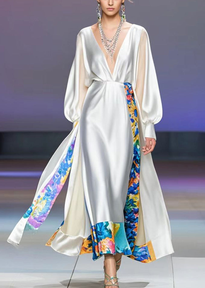 White Deep-v Neck Patchwork Print Silk Vacation Dress Spring
