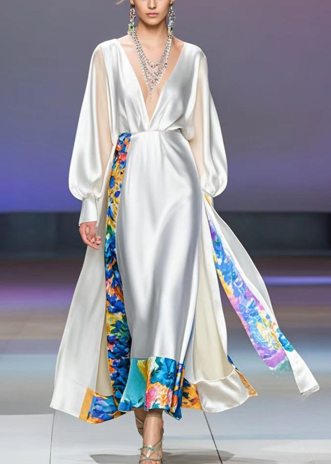 White Deep-v Neck Patchwork Print Silk Vacation Dress Spring