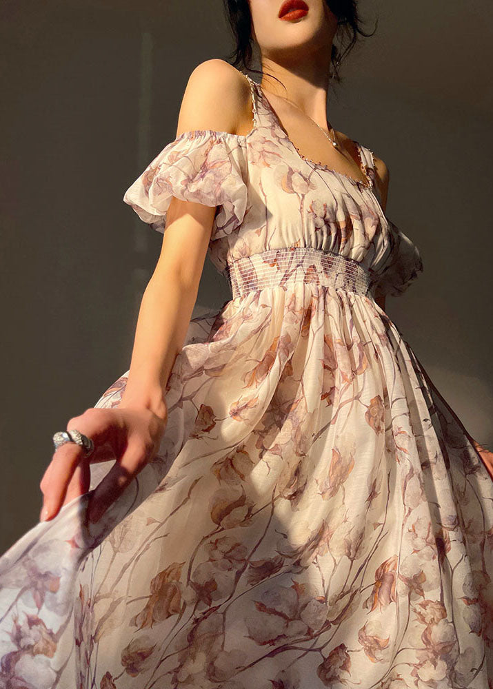 White Elastic Waist Cold Shoulder Print Silk Strap Dresses Puff Sleeve