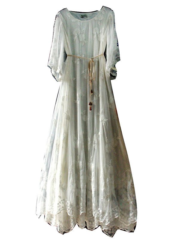 White Embroideried Cold Shoulder Lace Long Dresses Spring