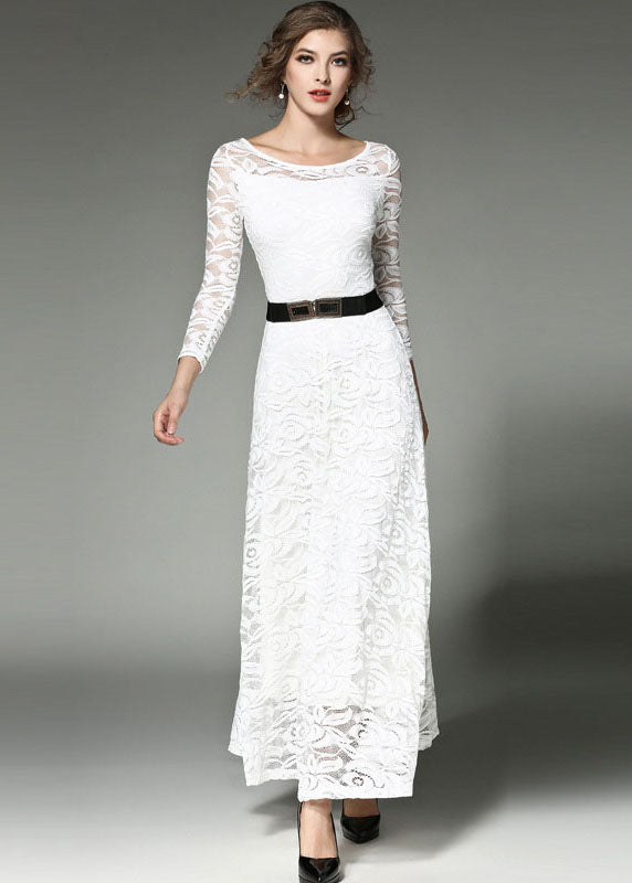 White Hollow Out Embroideried Sashes Lace Long Dresses Summer