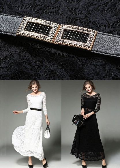 White Hollow Out Embroideried Sashes Lace Long Dresses Summer