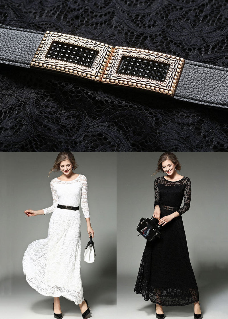 White Hollow Out Embroideried Sashes Lace Long Dresses Summer