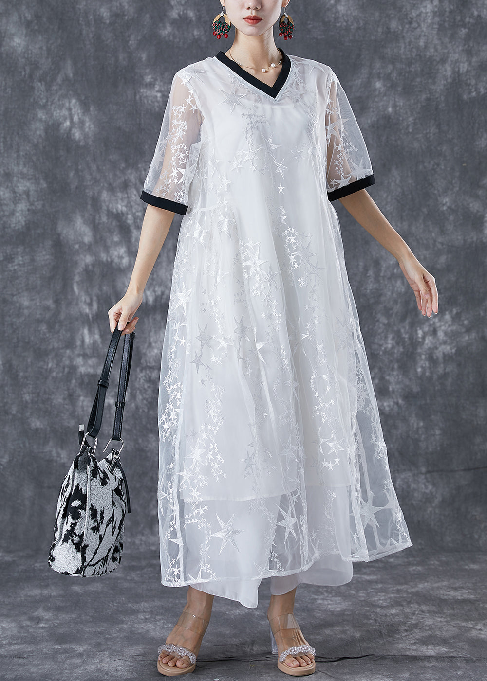 White Hollow Out Patchwork Star Print Tulle Maxi Dress Summer