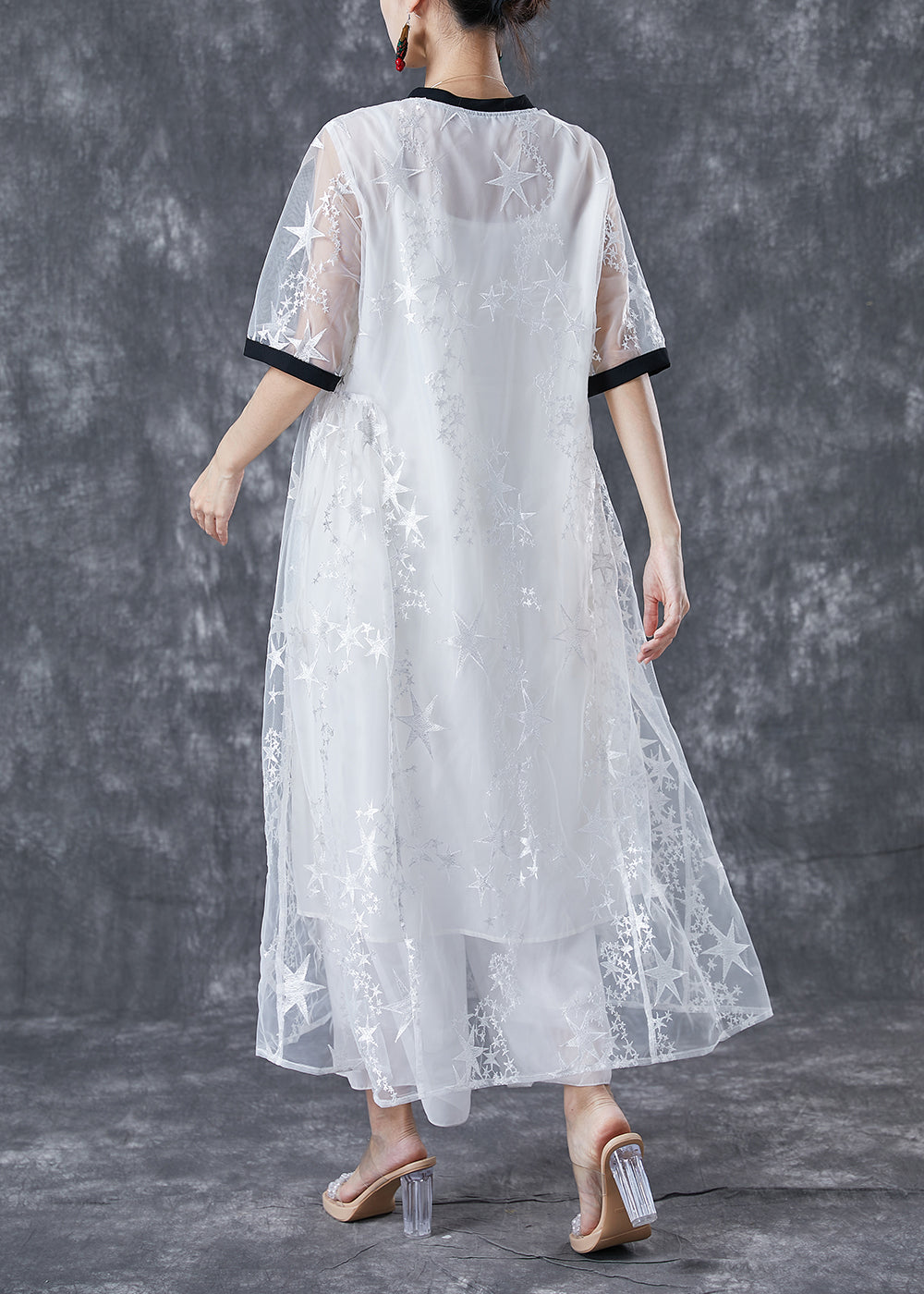 White Hollow Out Patchwork Star Print Tulle Maxi Dress Summer