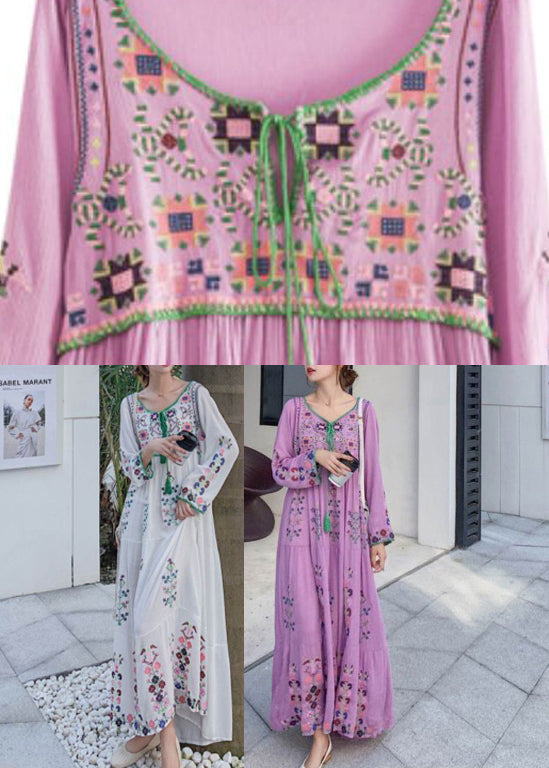 White O-neck Embroideried Cotton Holiday Dresses Long Sleeve