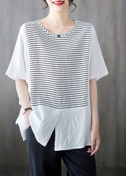 White O-neck Striped Patchwork Cotton Shirt Short Sleeve