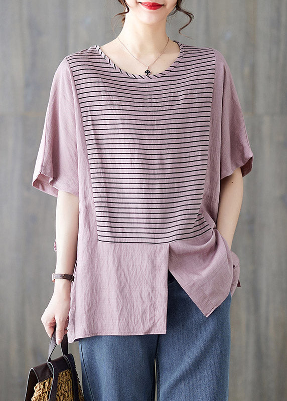 White O-neck Striped Patchwork Cotton Shirt Short Sleeve