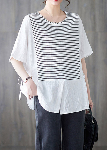 White O-neck Striped Patchwork Cotton Shirt Short Sleeve