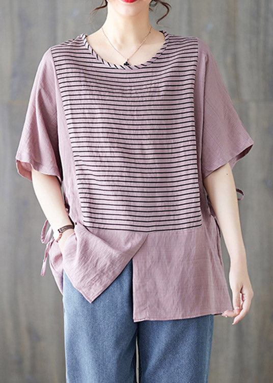 White O-neck Striped Patchwork Cotton Shirt Short Sleeve