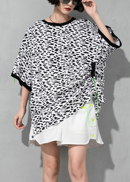 White O-neck Drawstring Leopard Cotton T Shirt Short Sleeve
