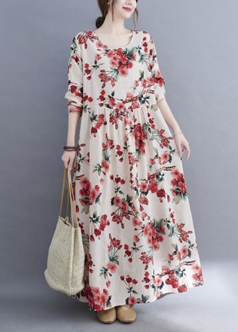 White Oversized Print Cotton Holiday Dress Spring