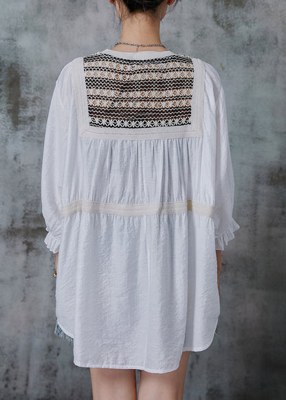 White Oversized Patchwork Cotton Tops Bracelet Sleeve