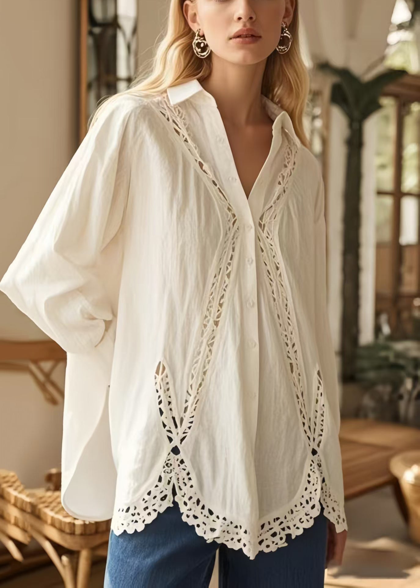 Bohemian White Oversized Patchwork Loose Shirts Spring