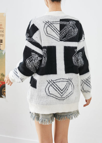 White Oversized Print Button Down Knit Cardigans Fall