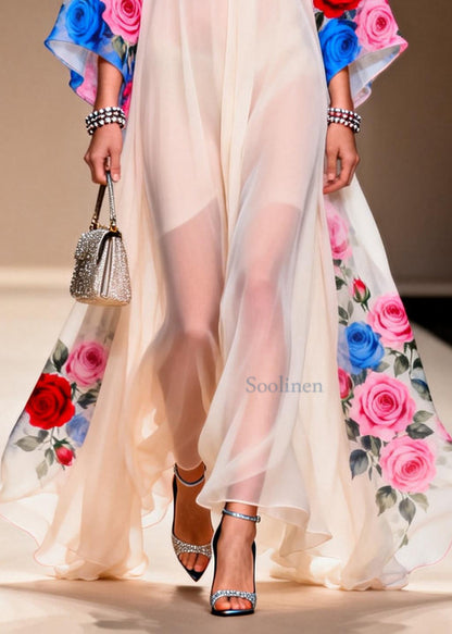 White Oversized Print Chiffon Vacation Dresses Summer