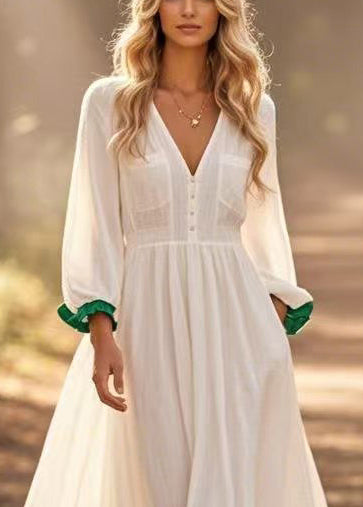 White Patchwork Exra Large Hem Cotton Long Dress Spring