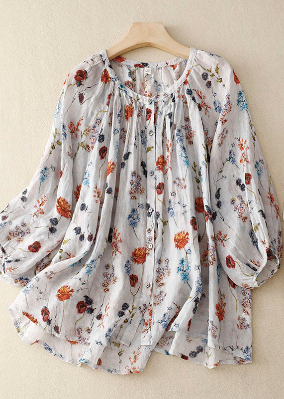 White Print Wrinkled Patchwork Linen Shirt Lantern Sleeve