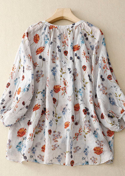 White Print Wrinkled Patchwork Linen Shirt Lantern Sleeve