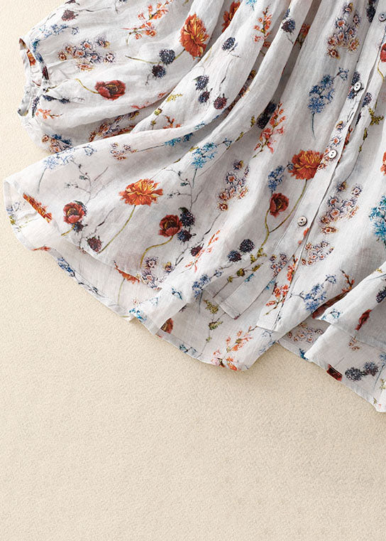 White Print Wrinkled Patchwork Linen Shirt Lantern Sleeve