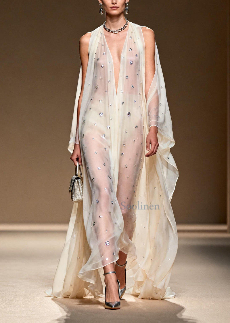 White Rhinestone Cold Shoulder Chiffon Sheer Dress Summer