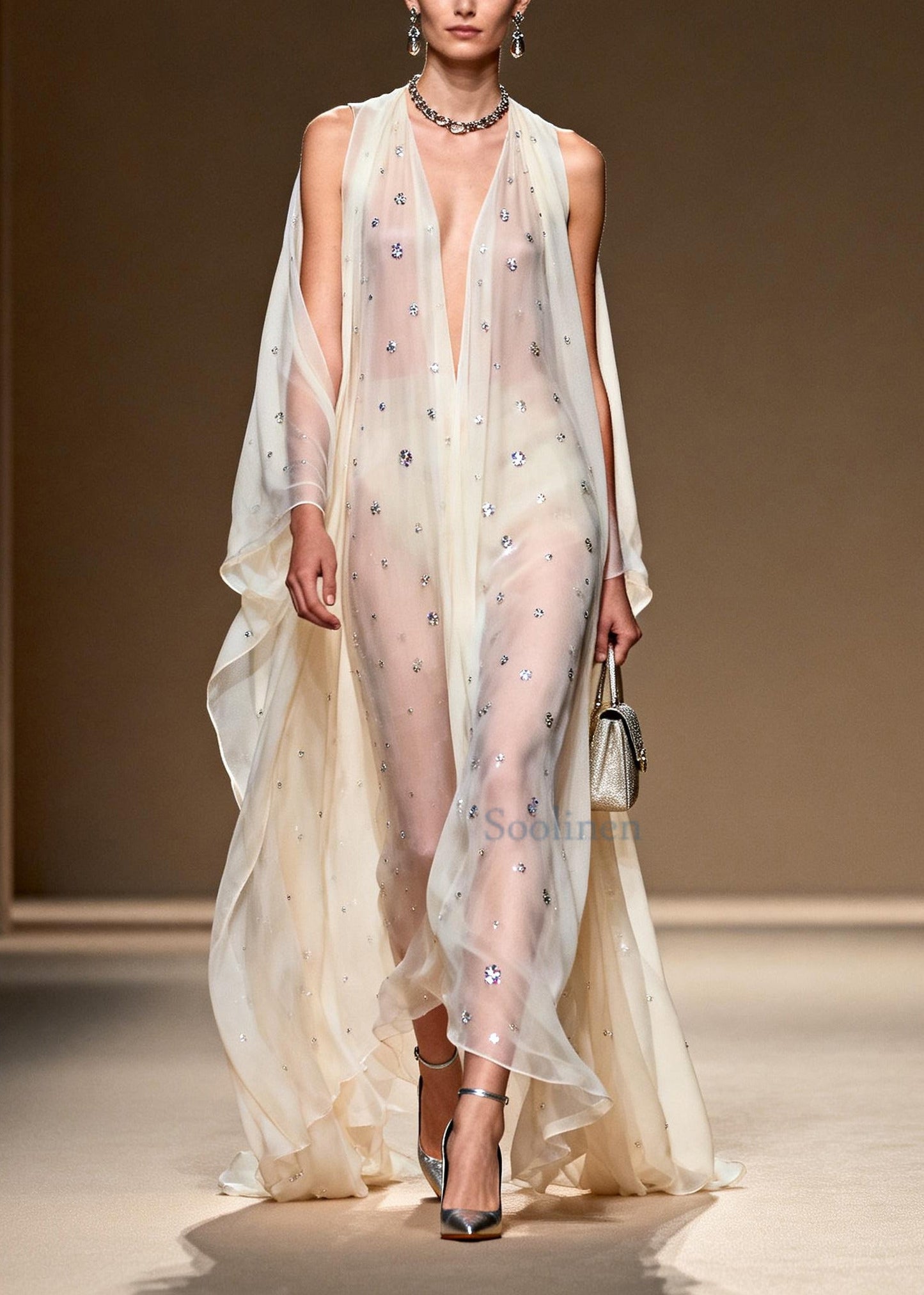 White Rhinestone Cold Shoulder Chiffon Sheer Dress Summer