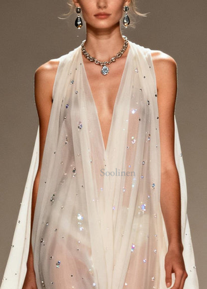 White Rhinestone Draping Chiffon Sheer Dress Sleeveless