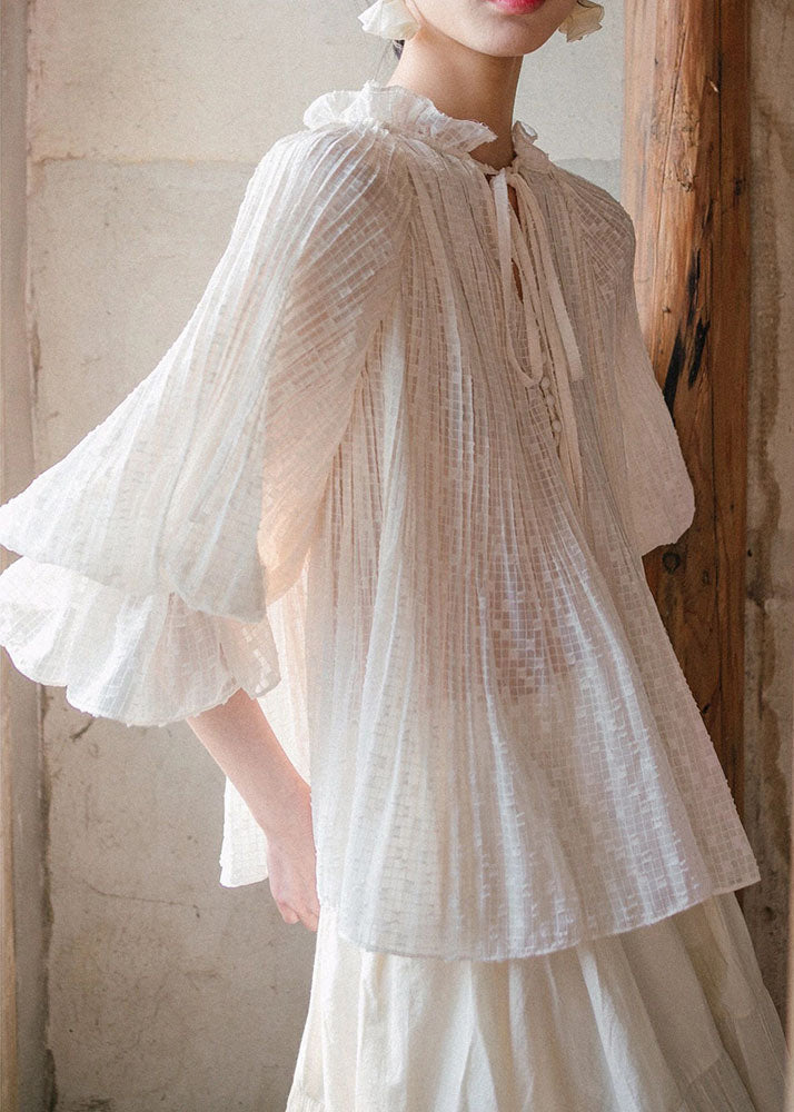 White Ruffled Lace Up Cotton Blouses Lantern Sleeve