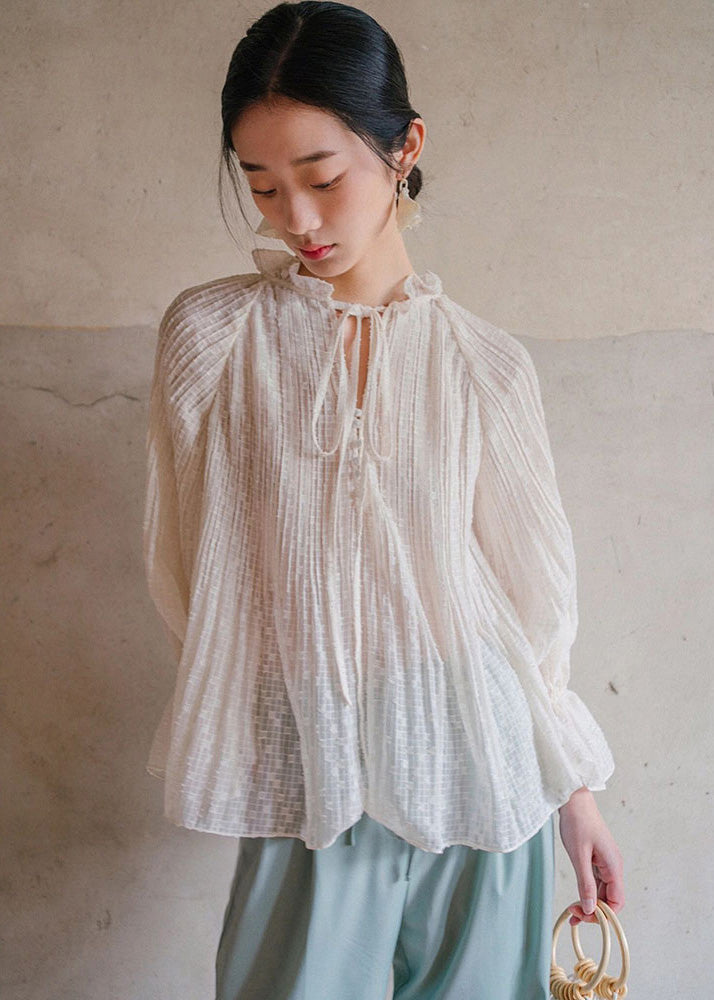 White Ruffled Lace Up Cotton Blouses Lantern Sleeve