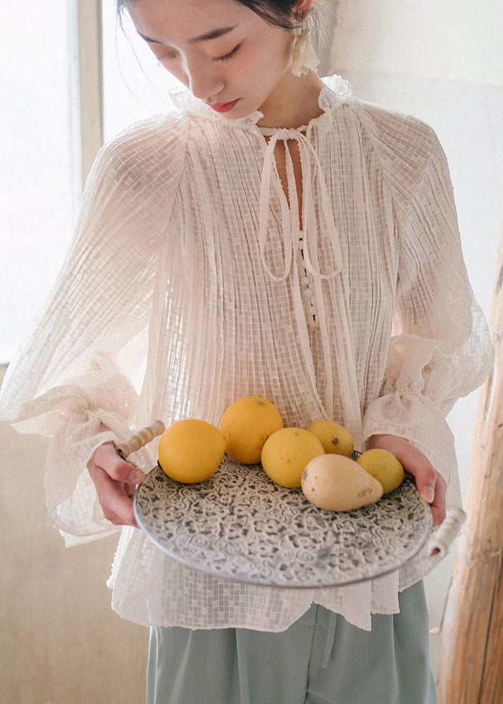 White Ruffled Lace Up Cotton Blouses Lantern Sleeve