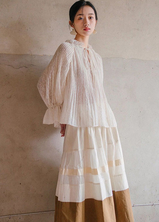 White Ruffled Lace Up Cotton Blouses Lantern Sleeve