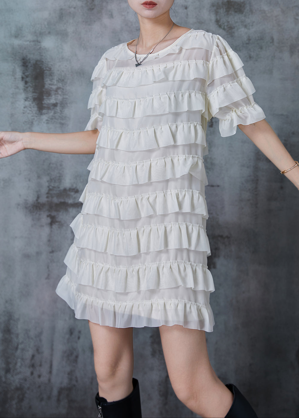 White Ruffles Layered Chiffon Mini Dresses Summer