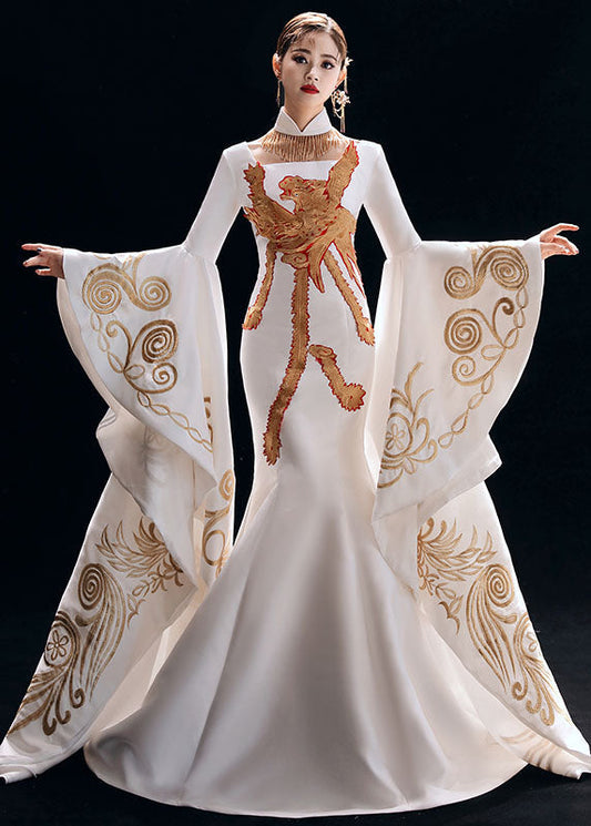 White Stand Collar Embroidered Silk Fishtail Long Dresses Long Sleeve