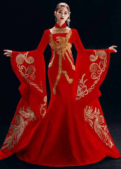 White Stand Collar Embroidered Silk Fishtail Long Dresses Long Sleeve