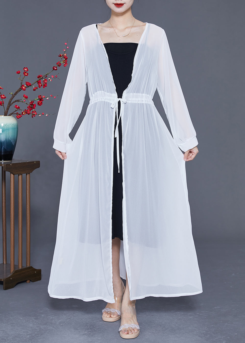 White Tie Waist Exra Large Hem Chiffon Upf 50+ Coat Summer