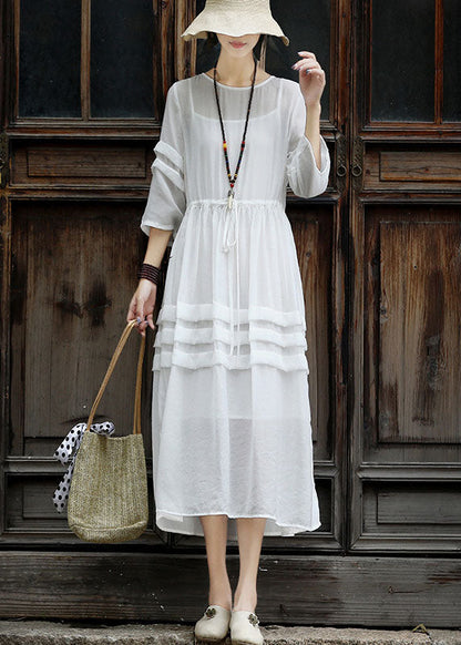 White Tie Waist Patchwork Cotton Dress Two Pieces Set Summer
