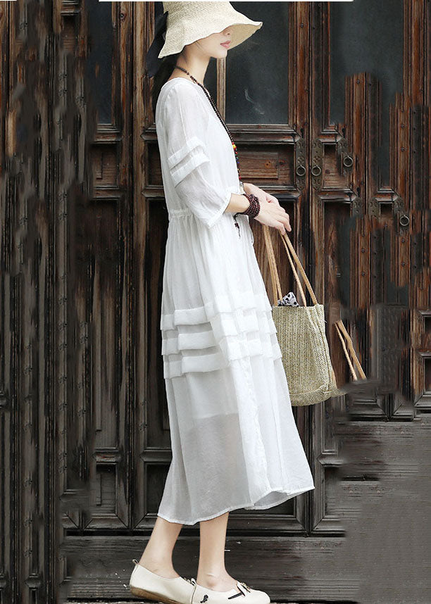 White Tie Waist Patchwork Cotton Dress Two Pieces Set Summer