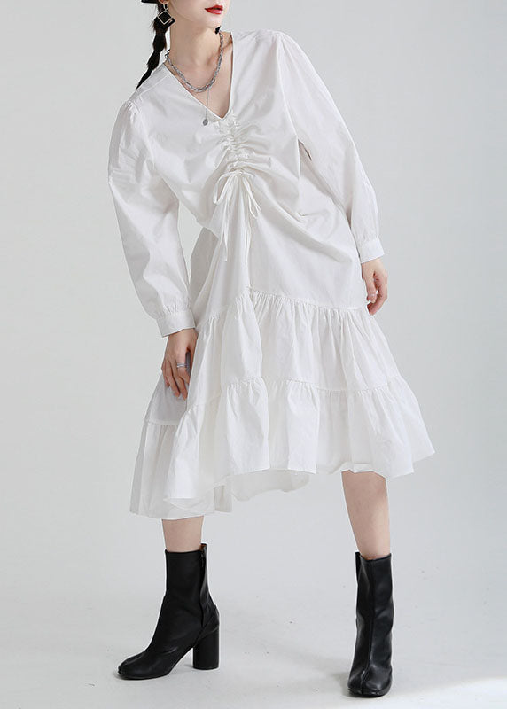 White V Neck Drawstring Exra Large Hem Cotton Maxi Dress Fall