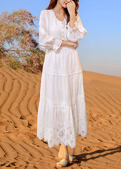 White V Neck Hollow Out Cotton Dresses Butterfly Sleeve