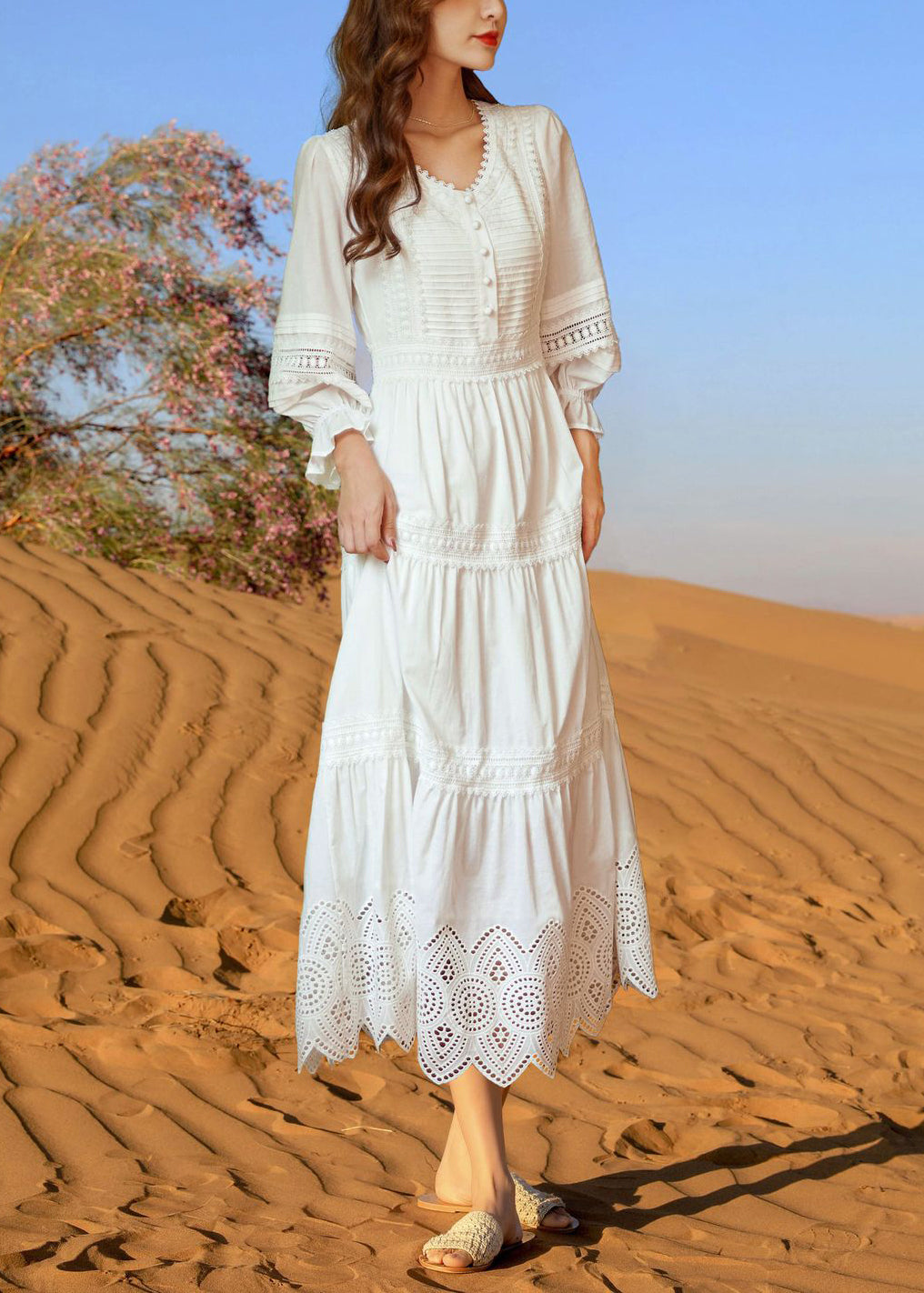 White V Neck Hollow Out Cotton Dresses Butterfly Sleeve