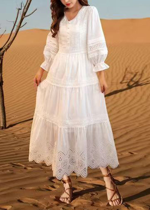 White V Neck Hollow Out Cotton Dresses Butterfly Sleeve