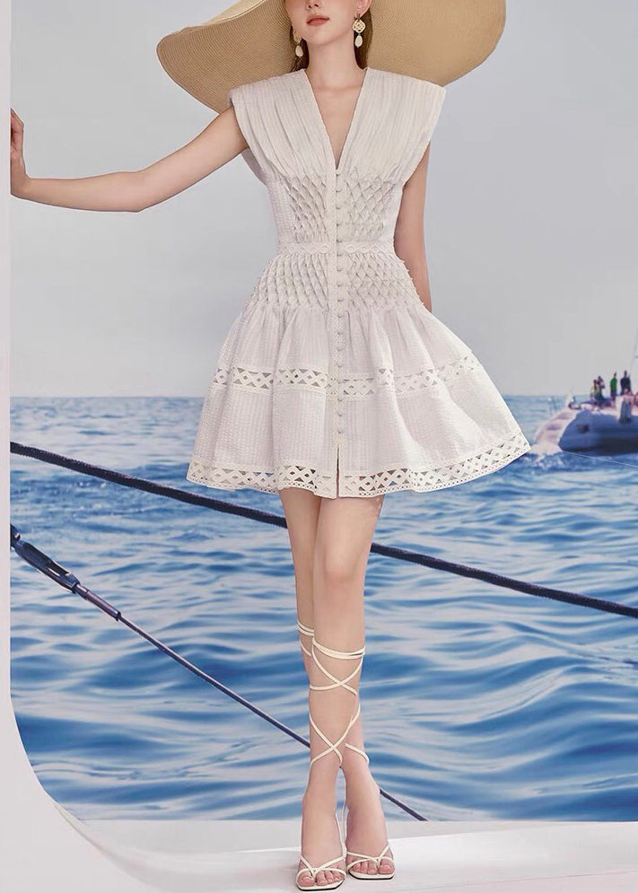 White V Neck Hollow Out Cotton Mid Dress Summer