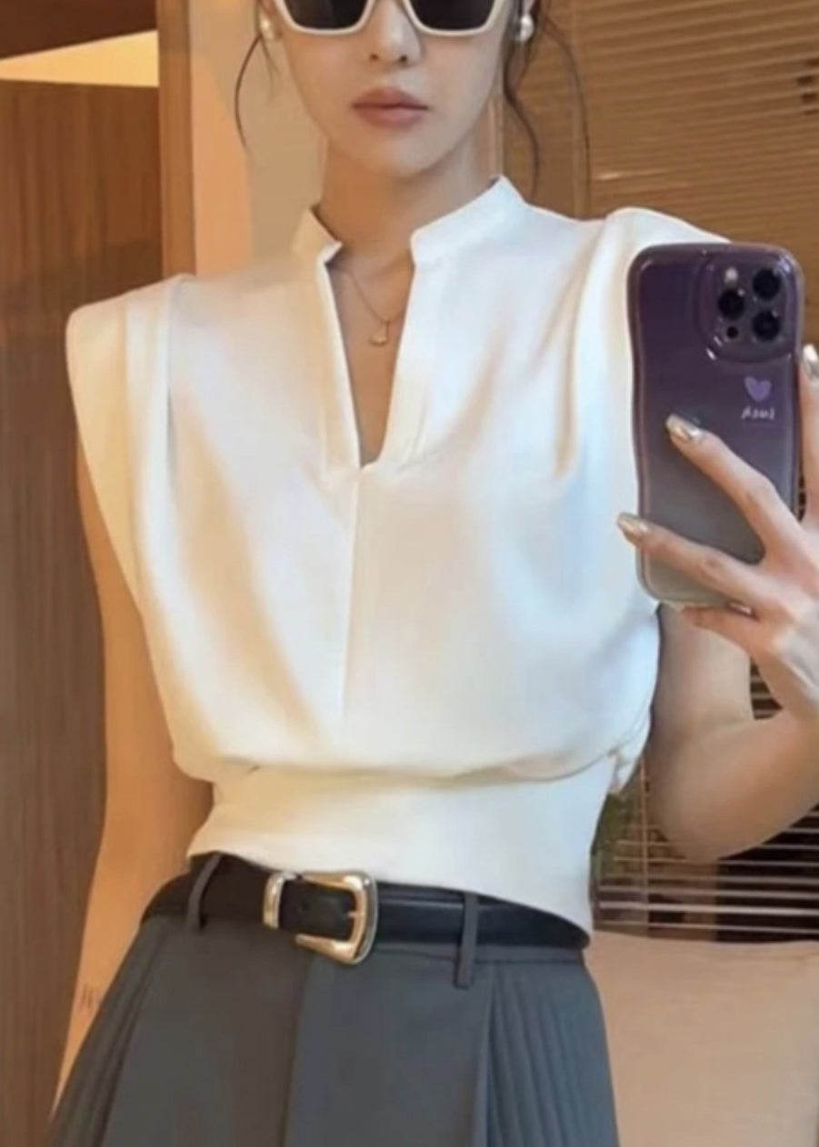 White V Neck Patchwork Cotton Top Sleeveless