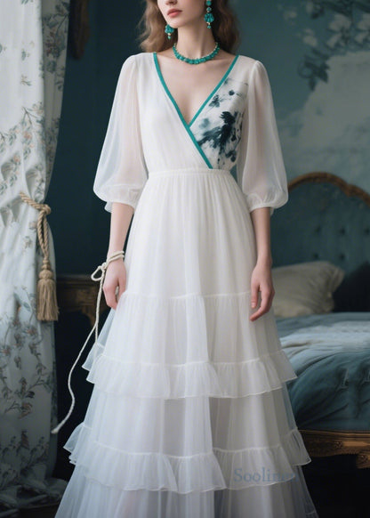 White V Neck Patchwork Tulle Maxi Dress Summer