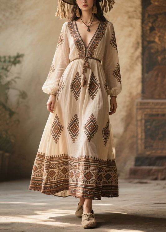 White V Neck Print Chiffon Dresses Fall