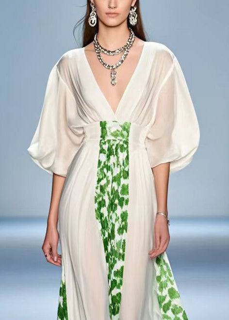 White V Neck Print Silk Party Dress Summer