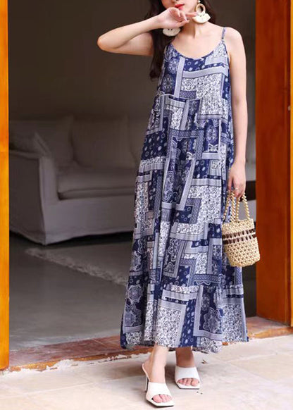 Sleeveless O-neck Printed Maxi Tank Dress Blue